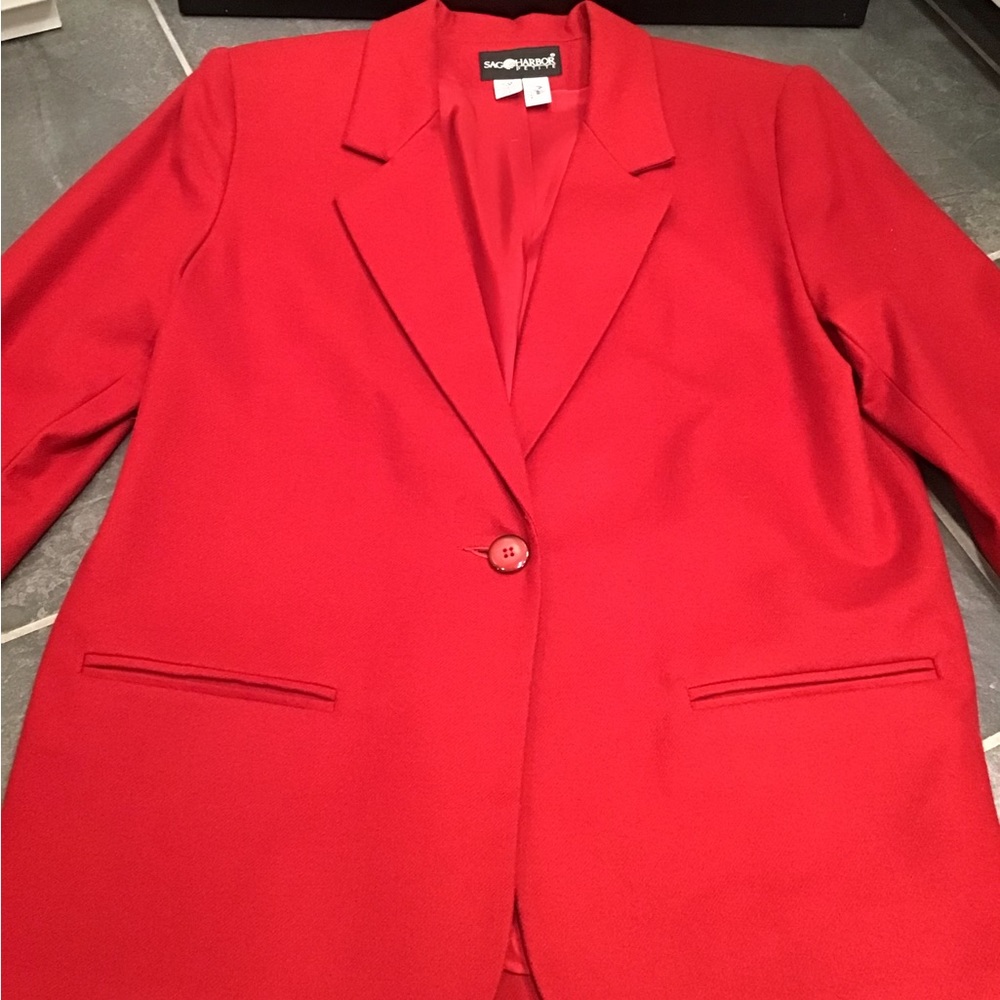 Sag Harbor Womens Wool Blazer Size 14P Single Breasted Shoulder Pads Red Jacket - Picture 5 of 15